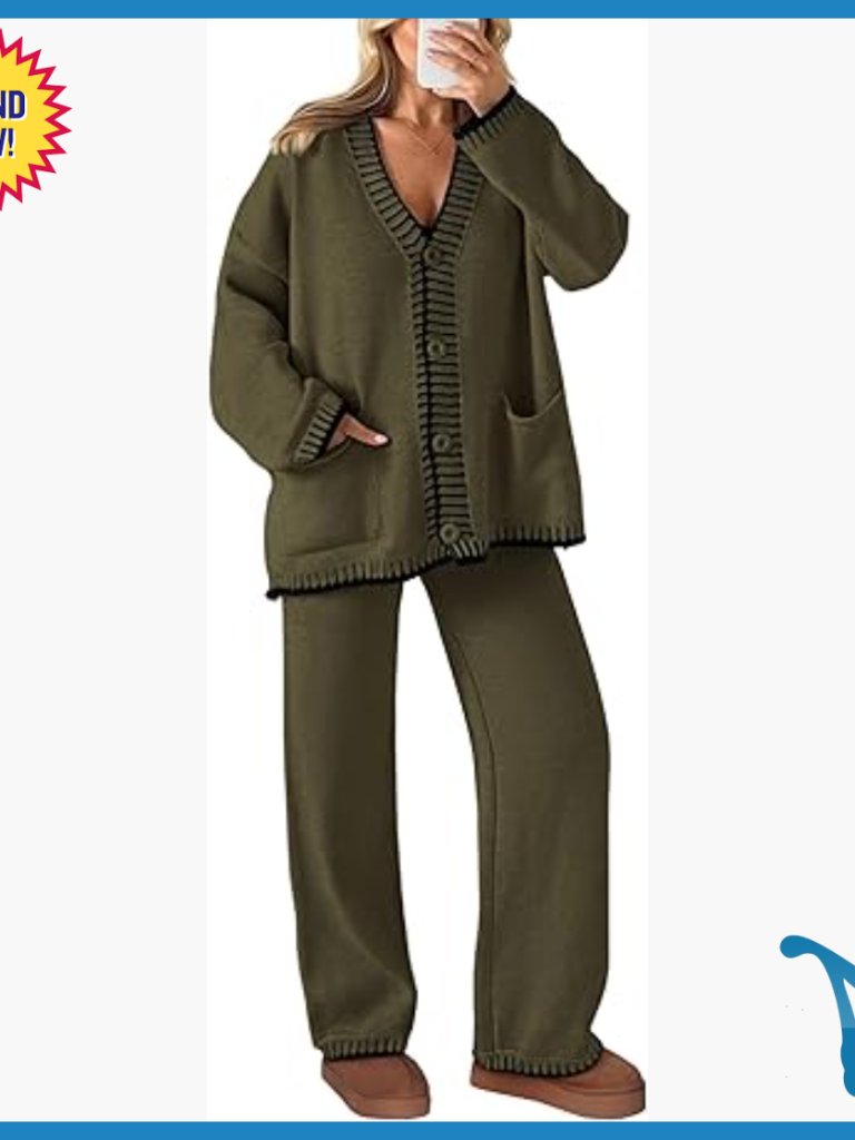 Relaxed Fit Knit Lounge Set, Long Sleeve Cardigan & Wide Leg Pants, Medium
